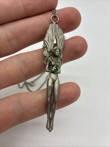 Gallo Pewter Fairy Necklace Vintage W Crystal Gem 3” Sculptures Wings - Picture 2 of 6