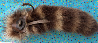 11" Real RACCOON TAIL with LEATHER FLOWER ACCENT 11" HAT PIN Great on CowboyHat