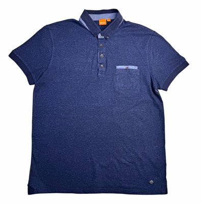 Hugo Boss Orange Men s Large Blue Short Sleeve Polo Shirt Pocket Button Collar