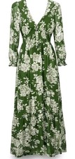 Women's Medium Green Floral Smocked Tiered Maxi Dress Boho Garden Party Cottage