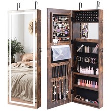 LED Mirror Jewelry Cabinet Wall/Door Mounted 3 Color Light Brown 47" Armoire