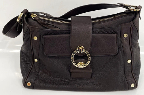 Authentic BVLGARI Chandra Brown Leather Shoulder Bag Logo Ring Flap Well Kept