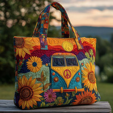 Personalized Hippie Peace Soul Caravan Camping Car Sunflowers Quilted Tote Bag