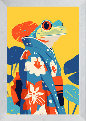 Tropischer Frosch im Kimono mit Blumen gerahmt Wandbild Poster Leinwanddruck Bild