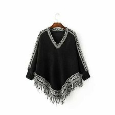 Poncho Cape Con Frange Per Donna Maglione Pullover Batwing A V Maglione Tricot