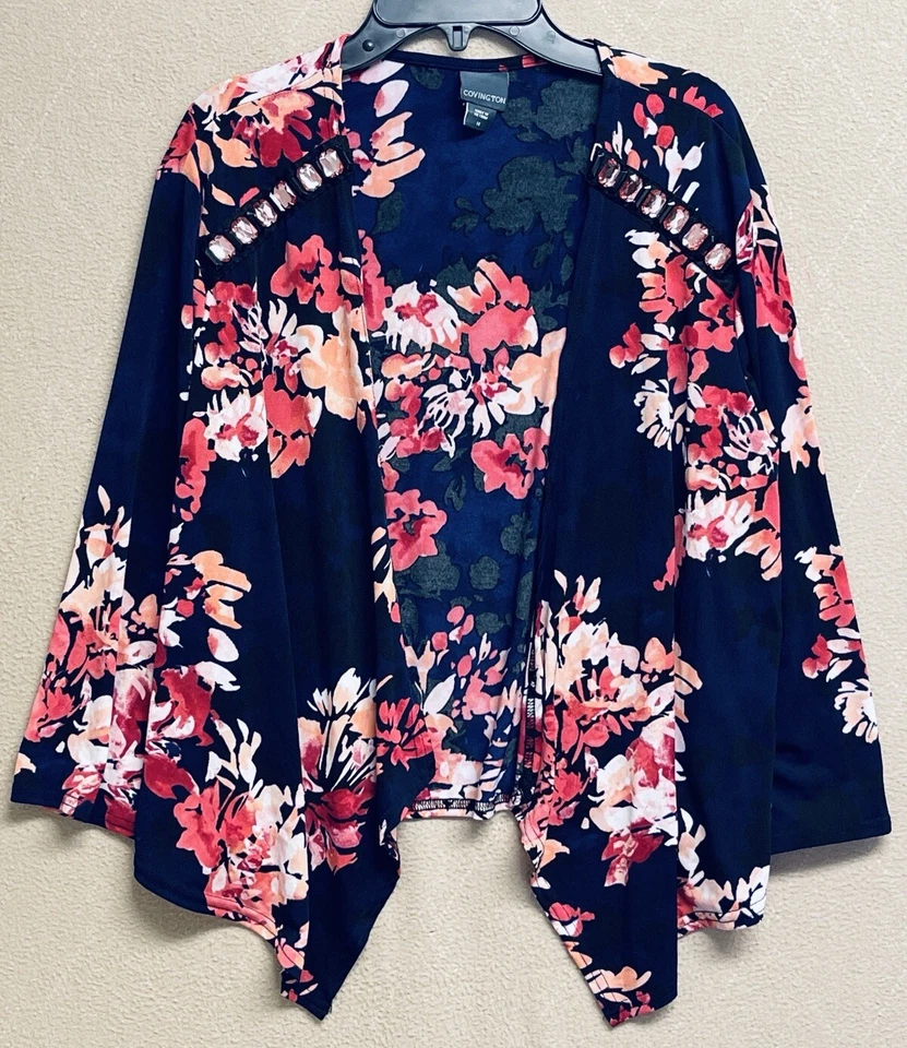 Cárdigan corto Covington frente abierto cubierta talla 14 cuentas floral manga 3/4 Foto 2 de 4