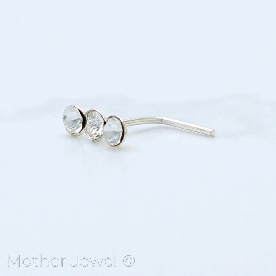 SOLID 925 STERLING SILVER CLEAR CRYSTAL THREE DOT NOSE PIERCING ELBOW BONE STUD - Изображение 4 из 4