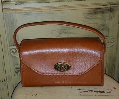 RARE VINTAGE 50'S BROWN LEATHER WHIP STITCH HANDBAG RETRO UNIQUE SATCHEL BAG