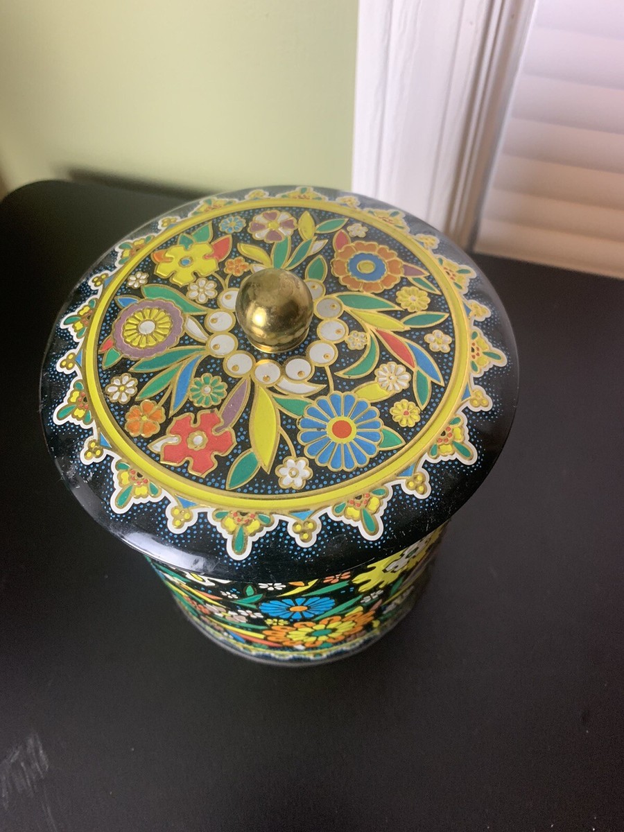 Vintage Daher Tin Kitchen Container Storage Black Wild Flower EUC