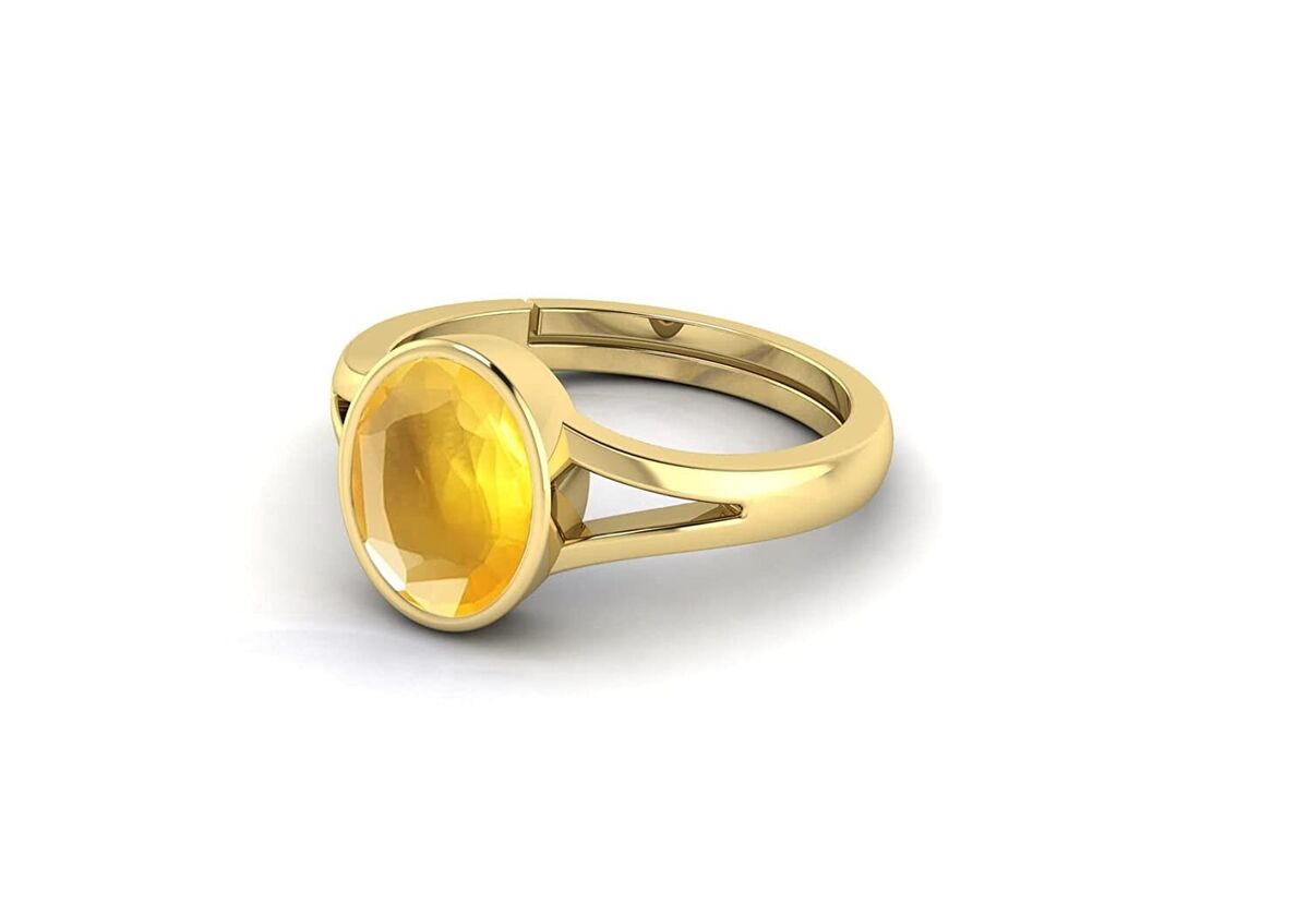 7.00 Ratti Untreatet Quality Natural Yellow Sapphire Pukhraj Gemstone Gold  Plated Ring for Women's and Men's {Lab Certified}