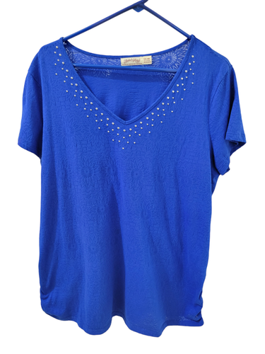 Faded Glory T-Shirt Top Blue Textured Floral Short Sleeve V Neck Womens XXL
