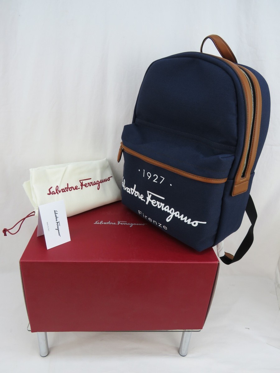 FERRAGAMO★素敵!NAVY DENIM CANVAS LEATHER TRIM BACKPACK $1690 FERRAGAMO NAVY DENIM CANVAS TAN LEATHER TRIM 1927