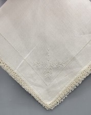 Vtg Embroidered Ivory Wedding Bridal Bow Flowers Handkerchief Crocheted Edge