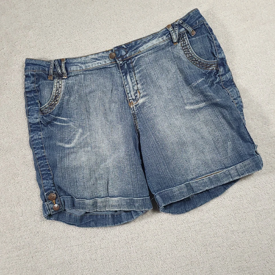 Pantalones Cortos de Jean Drama Dorado Para Mujer 16 Bolsillos Denim Botones Pierna Enrollada 7" Elásticos Foto 2 de 4