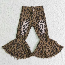 Trendy Girls Jeans Leopard Double Ruffle Bell Bottom Denim Pants