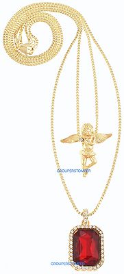 Ruby Red Necklace Square Stone With Angel New Set On 24 & 30 Inch Box Chains God