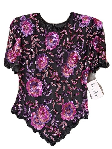 Vintage Laurence Kazar Silk Blouse Women’s S Beaded Sequin Floral Magenta NWT - Picture 2 of 13