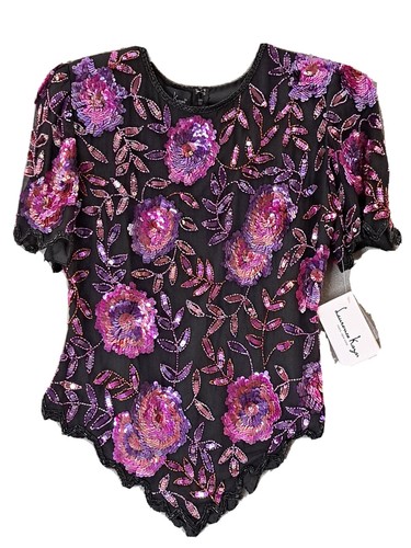 Vintage Laurence Kazar Top Blouse Women S Beaded Floral Sequin Magenta 100% Silk - Picture 1 of 12