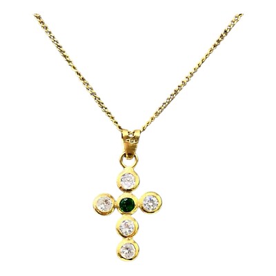 9ct 9k Yellow Gold Created Green Emerald + Cubic Crucifix Cross Pendant. New