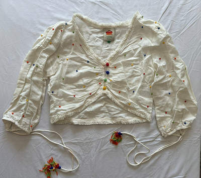 Farm Rio Linen Beaded, Fringed, And Embroidered Top With Multicolor Beads Size M