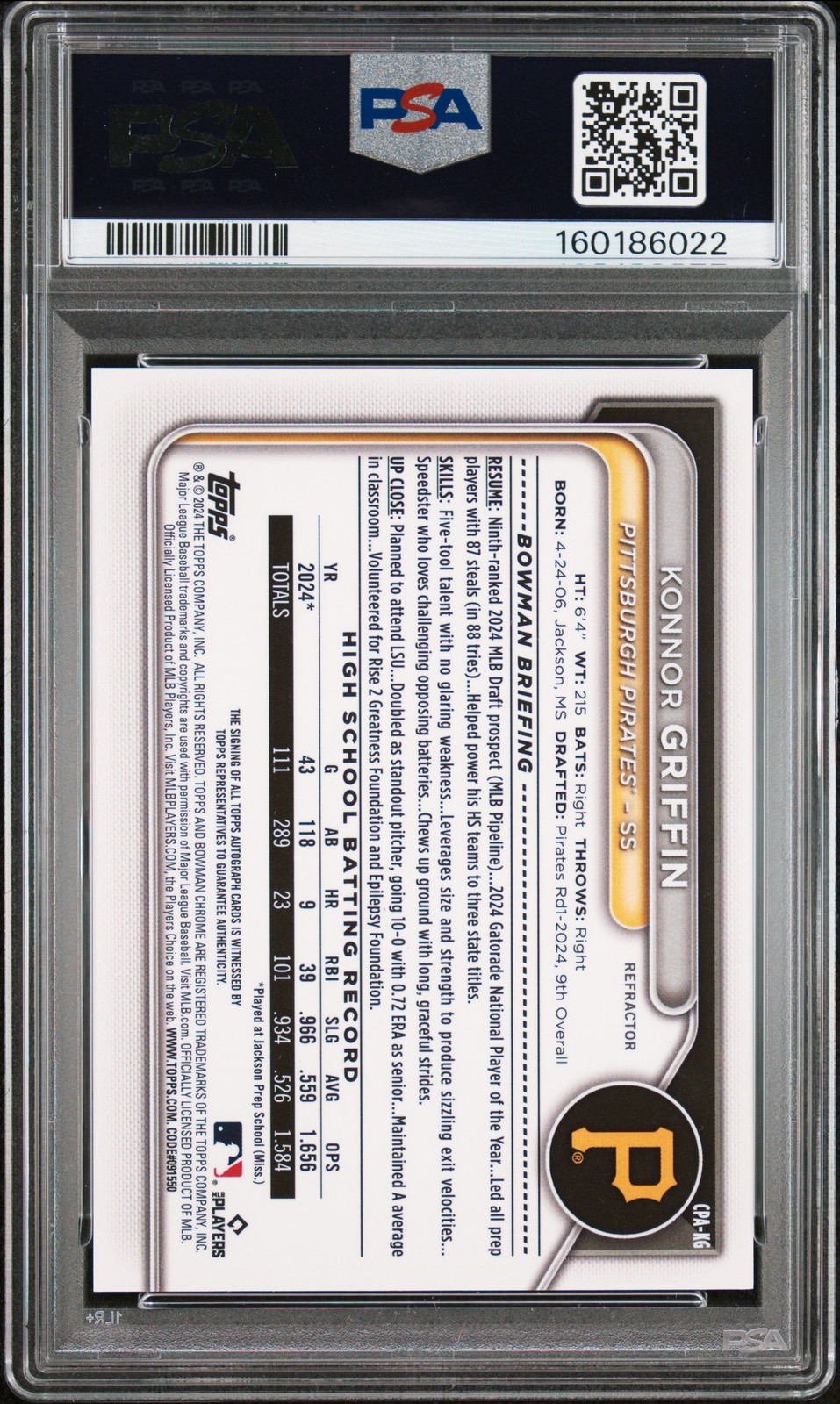 2024 BOWMAN DRAFT CHROME PROSPECT AUTO REFRACTOR KONNOR GRIFFIN 297/499 PSA 10 view 2