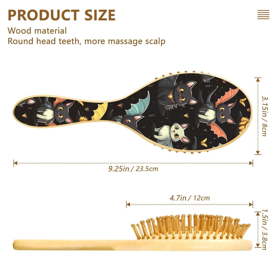 Cepillo de pelo de Halloween para murciélago gato para mujeres hombres cepillos desenredadores de madera natural para... Foto 3 de 4