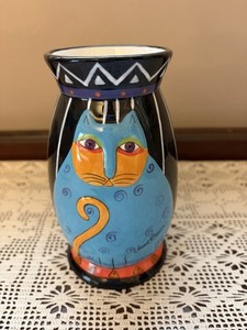 Fun Vtg Laurel Burch for Ganz Vase Ceramic Fat Cat 6" Boho Pop Art Signed !