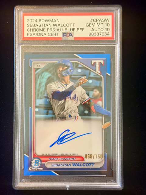 2024 Bowman Chrome Sebastian Walcott RC Auto Blue Ref /150 DUAL PSA 10 POP 3