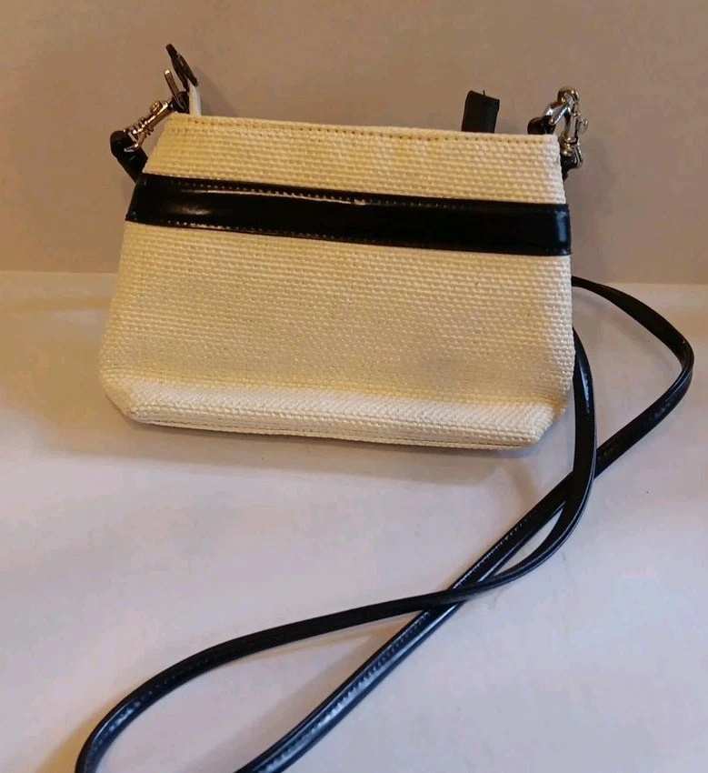 Tommy Hilfiger Blanco Tejido Paja Cartera Bolso de Mano/Negro Patente Correa Rayas Foto 2 de 4