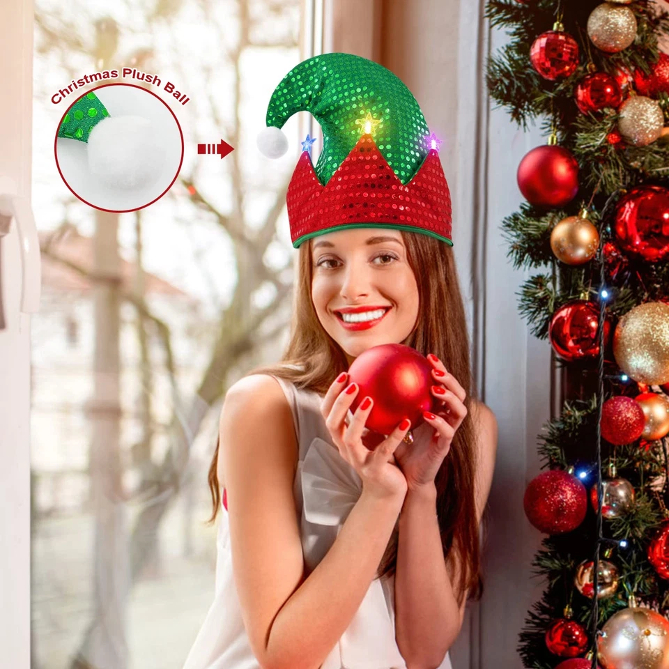 Elf Hat,Christmas LED Santa Hats,Light Up Elves Caps Costume Accessory,Funny ... - Image 4 of 4