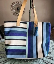 Mercado Global Estella Bag Purse Shopper Blue Stripes Leather Handles Handwoven 