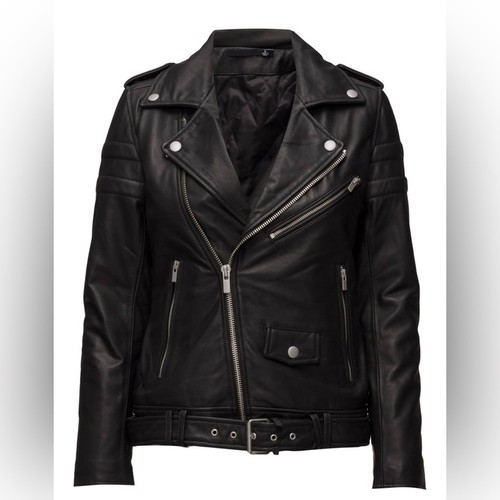 BLK DNM Women Slim Fit Black Leather Biker Jacket Size S - Picture 1 of 8