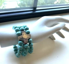 SILPADA-Sterling Silver ‘Devotion’ Blue Howlite Beaded Etch Cross Bracelet B3009