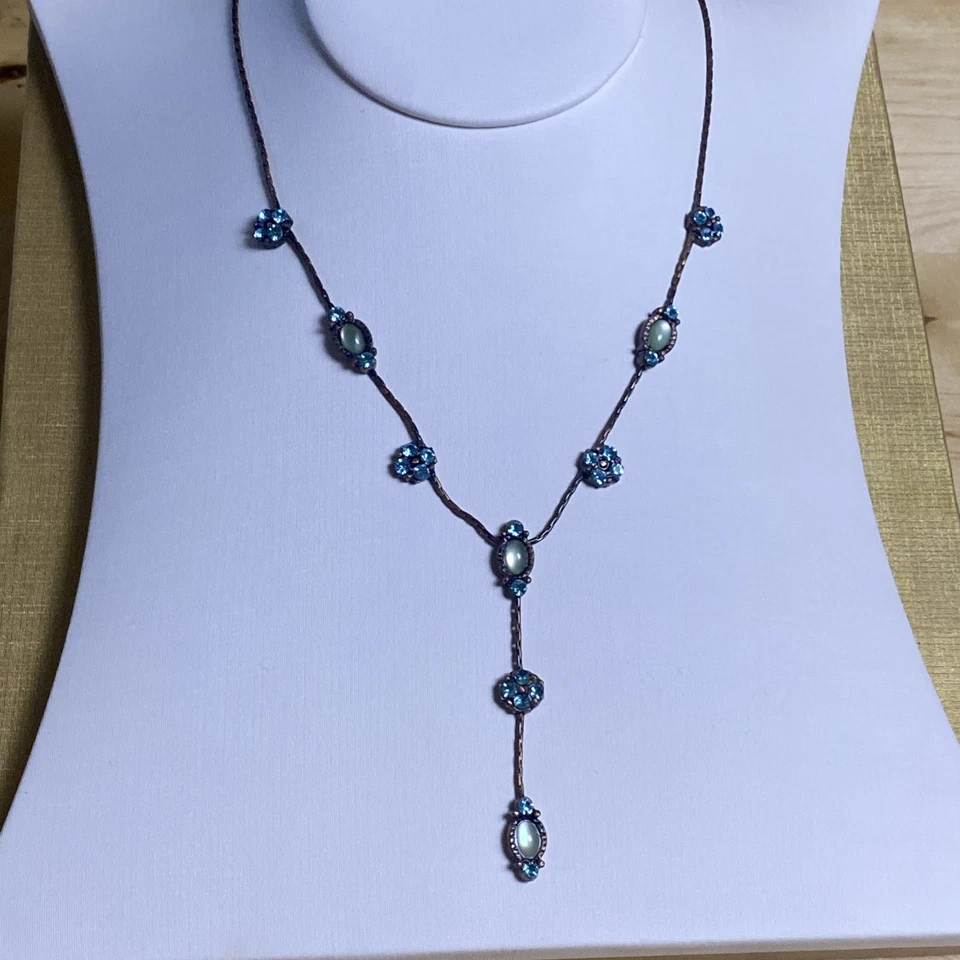 Park Lane Necklace Aqua Glow Blue Cat Eye Swarovski Crystals Copper Tone Chain - Image 4 of 4