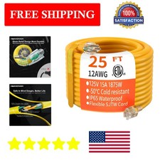 25 FT Heavy Duty 12/3 Gauge Waterproof Extension Cord - Ideal for Outdoors