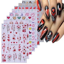 8 Sheets Valentine's Day Nail Stickers Love Heart Decals 3D Self-Adhesive Love