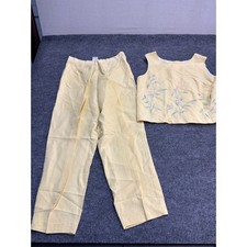 VTG Plaza South Yellow Linen Blend Floral Embroidered Top and Pants Set Size 12