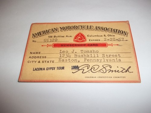 American Motorcycle Association Membership Card expires 2/28 1957 FREE SHIPPING