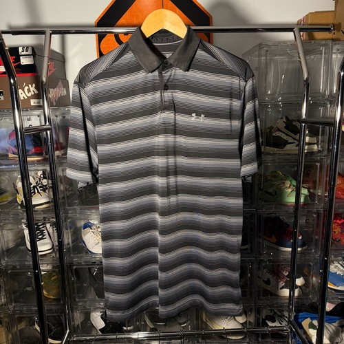 Under Armour Men's Golf Polo Heat Gear Black Grey Stripes