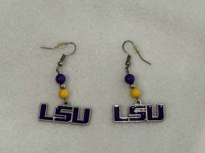 LSU Tigers Dangle Earrings   Purple & Gold Beads   NCAA Logo Jewelry   Game Day
