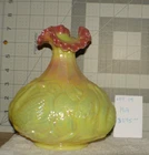 Fenton Burmese 7in glass engraved swans Glossed vases with ruffled lip