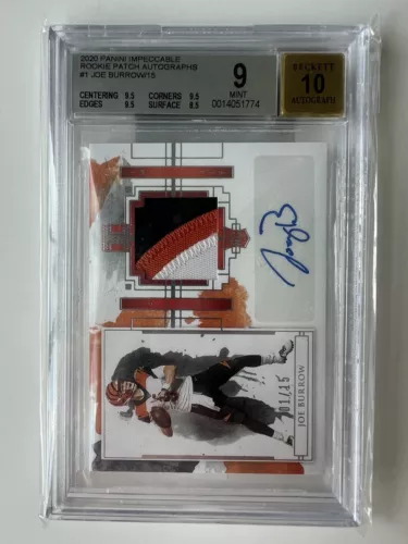 JOE BURROW #1/15 BGS 9 10 ROOKIE AUTO JERSEY PATCH #1 RPA RC SSP 2020 IMPECCABLE