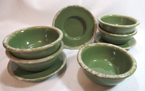 Hull USA Vintage AVOCADO Green Drip Glaze (5) Fruit Bowls (3) Saucers 6 GC