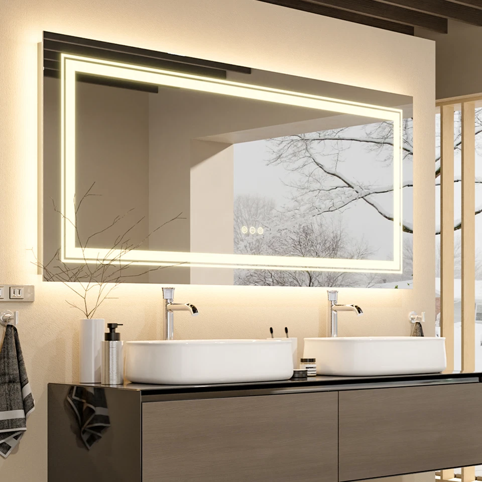 Espejo de baño LED moderno 42"x20" de largo desempañado luces delanteras y traseras tocador maquillaje Foto 3 de 4
