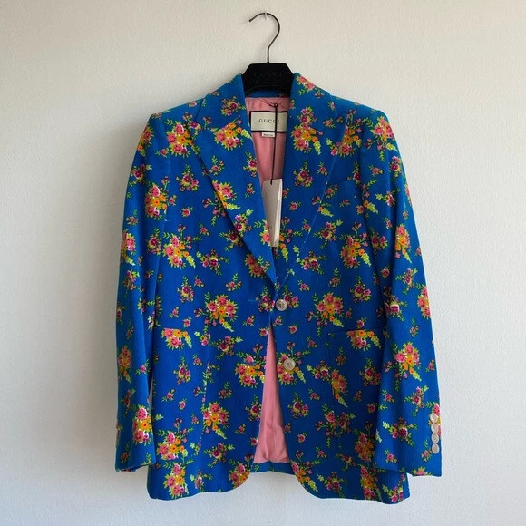 NUOVO GUCCI Velluto a coste monopetto stampa floreale tg 40 fiore blu brillante