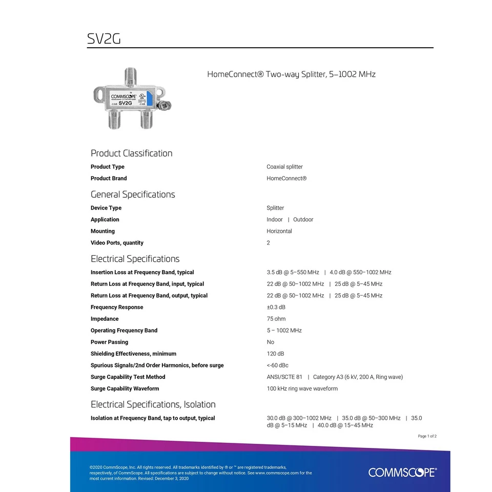 2-Way Digital Coaxial Splitter SV-2G, 5-1002 Mhz (5 Pack) - Image 3 of 4