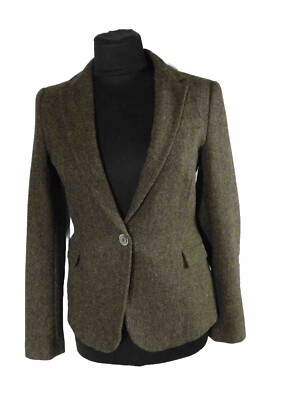 Zara Basic Wool Brown Tweed Blazer Jacket Elbow Patches Smart Size M One  button