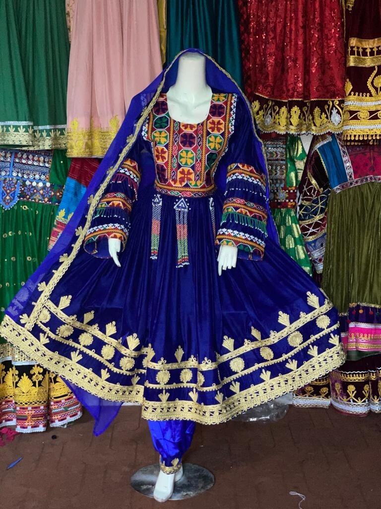 Afghan kochi dress 3 piece traditional blue velvet fr… Gem