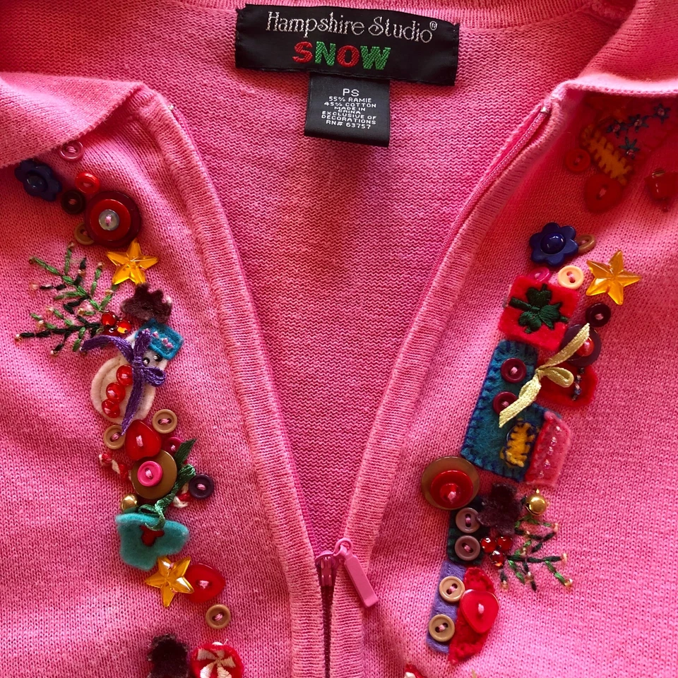 Hampshire Studio Novelty Christmas Cardigan Sweater Womens SP Pink Embellished - Image 3 of 4