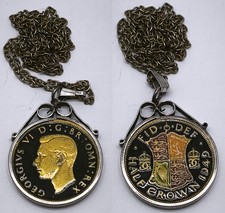 Vtg 1949 King George VI Enamel Half Crown Coin Pendant Chain Necklace Medallion
